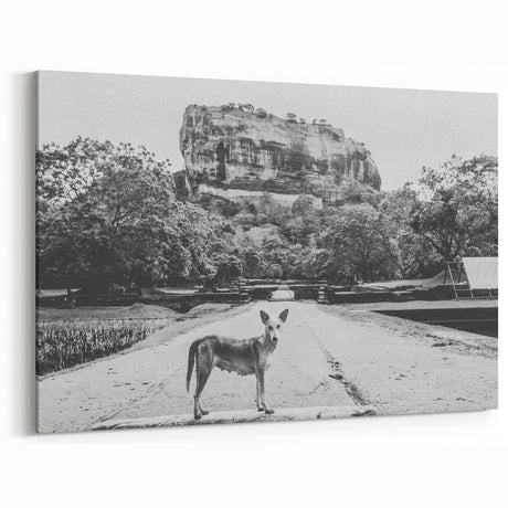 Black and White Sri Lanka Art - Dog and Sigiriya Rock Canvas Print