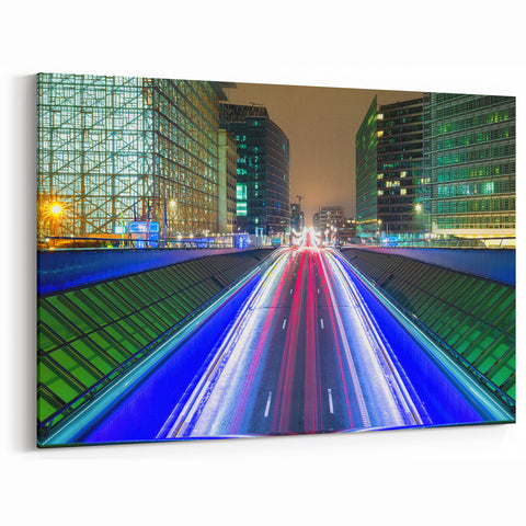 Belgium Canvas Art – Nighttime Brussels Modern City Light Trails