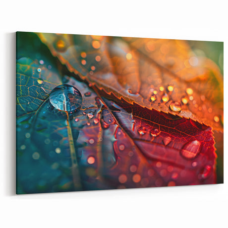 Dew-Covered Multicolor Leaf Wall Art: Vibrant Botanical Canvas Prints