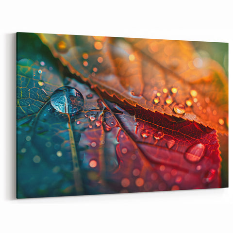 Dew-Covered Multicolor Leaf Wall Art: Vibrant Botanical Canvas Prints