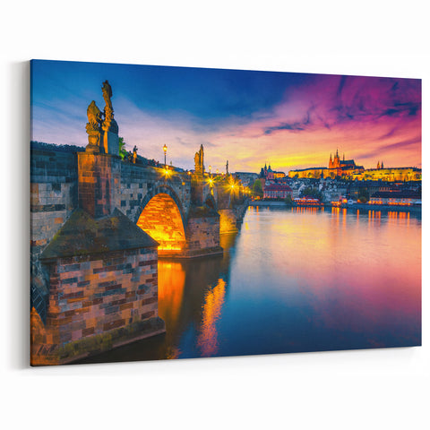 Prague Cityscape Art - Sunset Over Historic Bridges