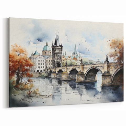 Prague Landmark Art - Charles Bridge Autumn Watercolor