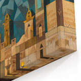 Moonlit Scholars – Geometric Mesopotamian Art with Crescent Moon