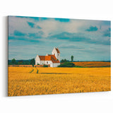 Danish Landscape Paintings - Scenic Church in the Golden Fields