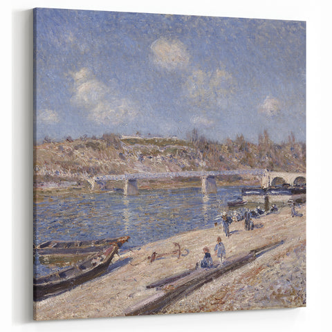 Alfred Sisley Art - French River Scene with Boats and Bridge Canvas Print
