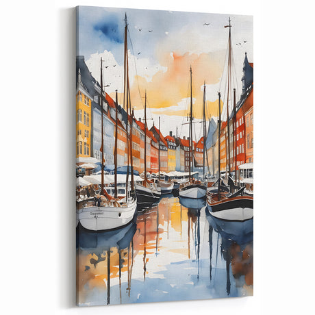 Danish Art Prints - Watercolor Harbor Scene with Colorful Boats in Copenhagen