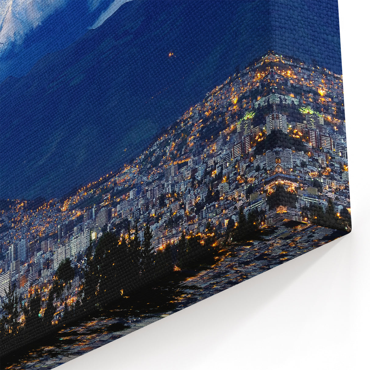 Quito Cityscape Art - Night View with Cotopaxi Volcano Ecuador Decor