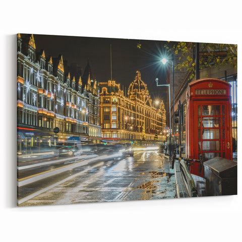 London Photography Art - Harrods at Night with Iconic Red Telephone Box
