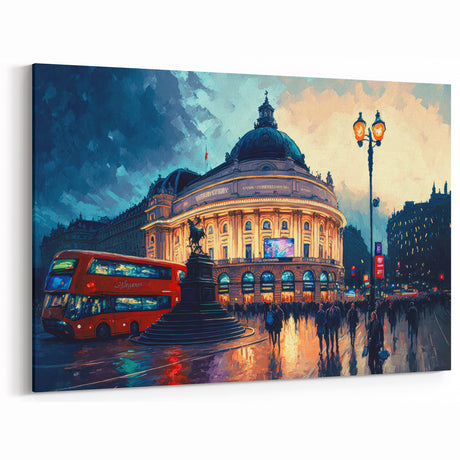 Piccadilly Circus Canvas - Red Bus and London Architecture Art Scene