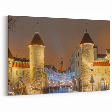 Tallinn Cityscape Art - Medieval Gates at Night in Estonia