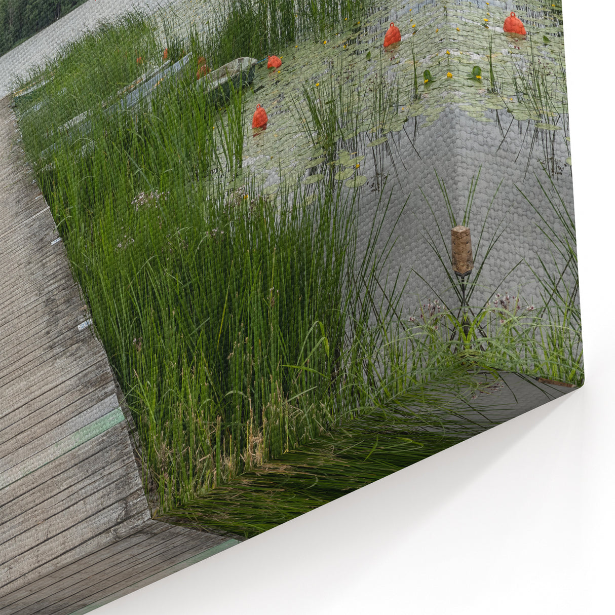 Scenic Estonia Prints – Lakeside Boardwalk with Boats and Lush Greenery