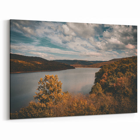 Autumn Foliage Overlooking Tranquil Lake Scenic Print - Ozark Mountains Art
