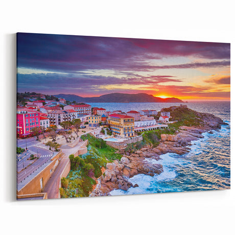 France Regional Art: Corsica - Vibrant Coastal Town at Sunset Scenic Print