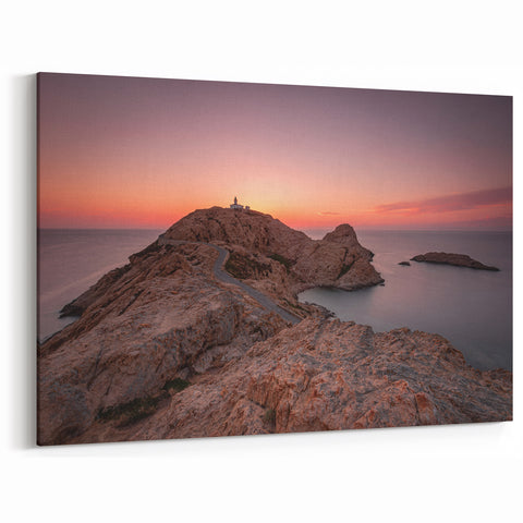 Corsican Landscape Art - Lighthouse at Sunset Over Rocky Coastline Print