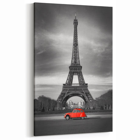 Paris Canvas Prints - Eiffel Tower Art with Red Vintage Car for French Decor