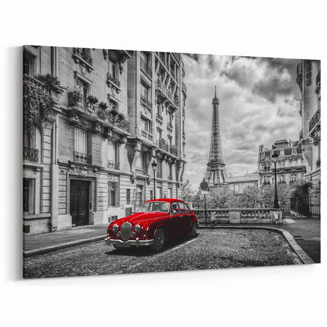 Eiffel Tower Art - Paris Wall Art with Red Vintage Car for French Decor