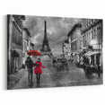 Romantic Paris Art - Eiffel Tower in Rainy Street Scene with Red Umbrella