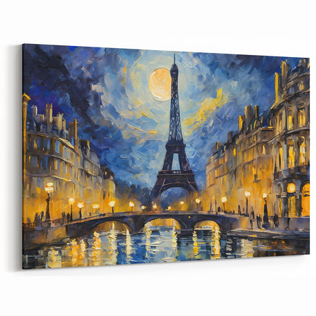 Romantic Paris Art - Eiffel Tower at Night with Moonlit Reflection Print