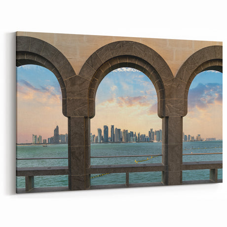 Doha Skyline Through Arches - Iconic City View Canvas Print