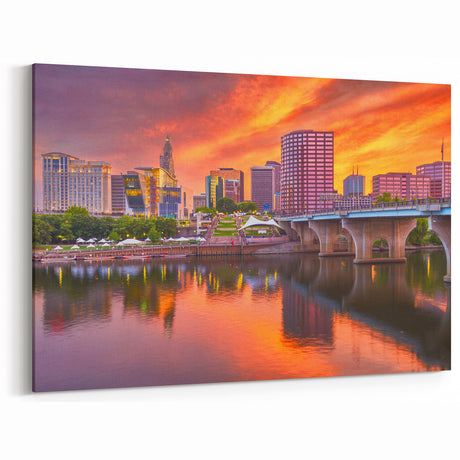Connecticut Scenery Prints - Hartford Skyline with Fiery Sunset Canvas Art