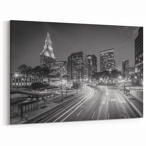 Connecticut Art Prints - Black and White Hartford Cityscape Night Photography