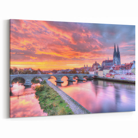 Bavaria Wall Art – Regensburg Sunset Cityscape Over Stone Bridge