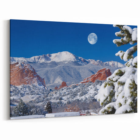Colorado Springs Wall Art - Pikes Peak in Winter with Snow and Moon