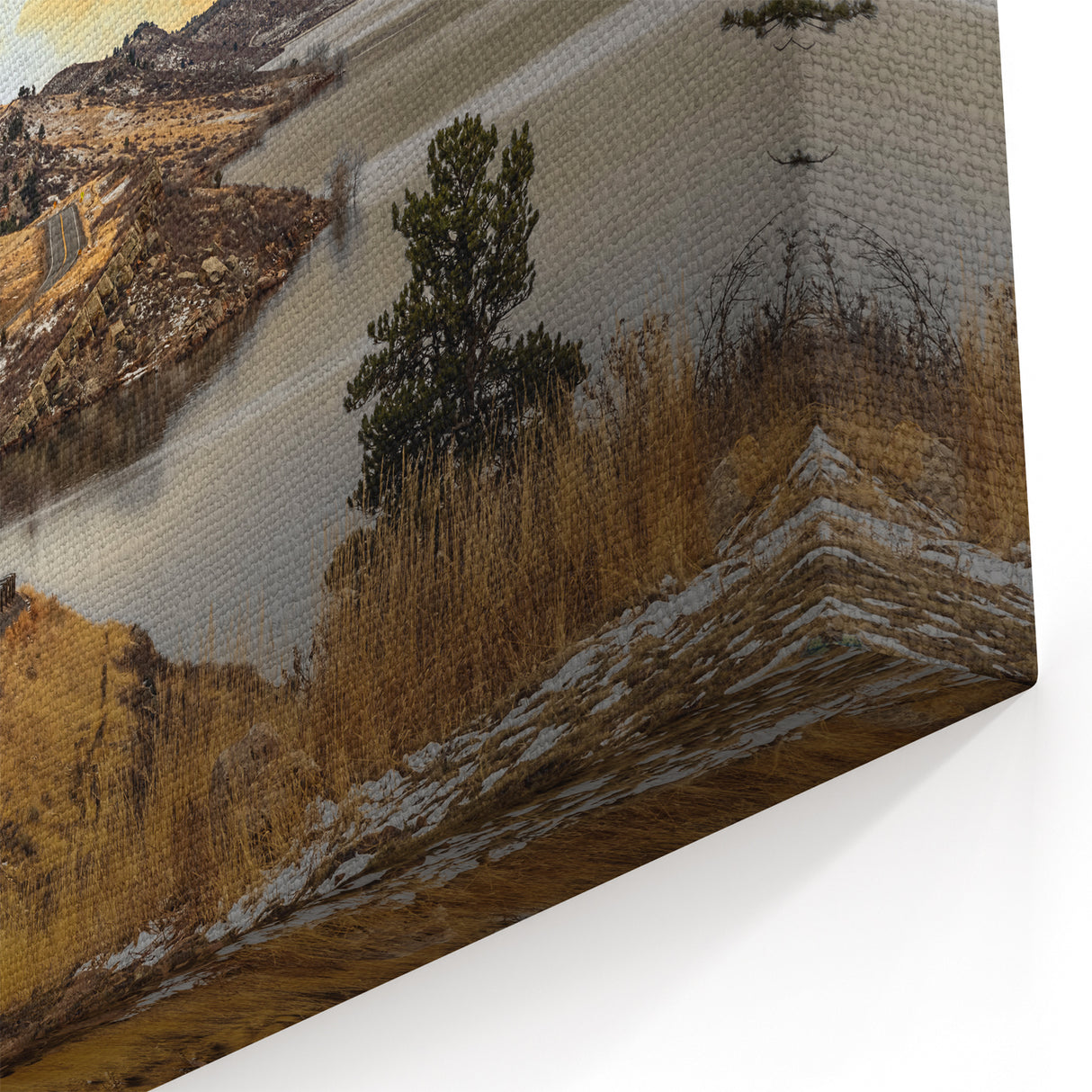 Rocky Mountains Wall Decor - Golden Sunset Over Serene Lake and Road