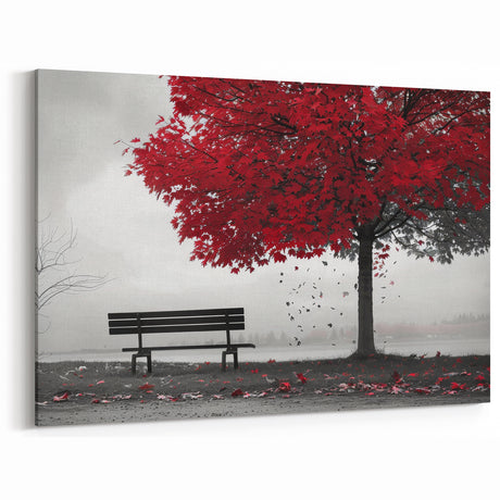 Red Tree and Bench Art - Peaceful Autumn Landscape Wall Decor Print