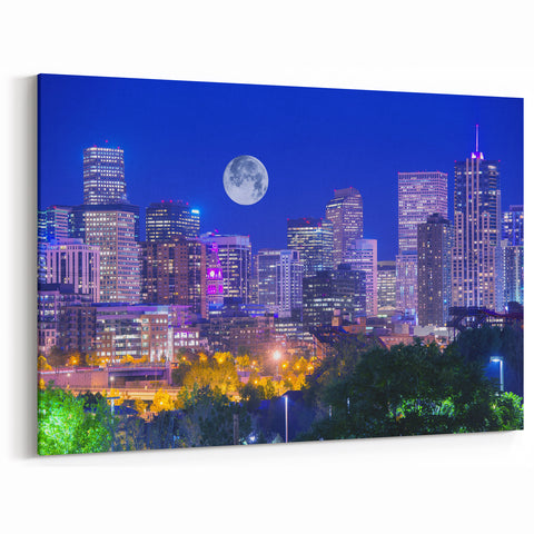 Denver Skyline Art at Night with Full Moon - Mile High City Artwork Print