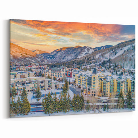 Vail Ski Resort Art - Sunset Over Snowy Village and Majestic Mountains