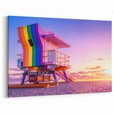Miami Beach Sunset Art – Rainbow Lifeguard Stand Canvas for Home Decor