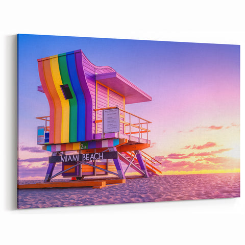 Miami Beach Sunset Art – Rainbow Lifeguard Stand Canvas for Home Decor