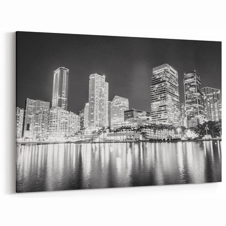 Miami Black and White Skyline Art – Cityscape Night Canvas Print