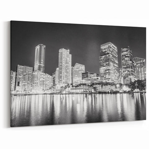 Miami Black and White Skyline Art – Cityscape Night Canvas Print