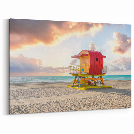 Miami Beach Sunset Art – Colorful Lifeguard Stand Canvas for Home Decor