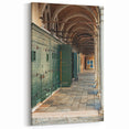 Masonry Wall Art - Arched Corridor with Green Doors Canvas Print