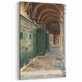 Masonry Wall Art - Arched Corridor with Green Doors Canvas Print