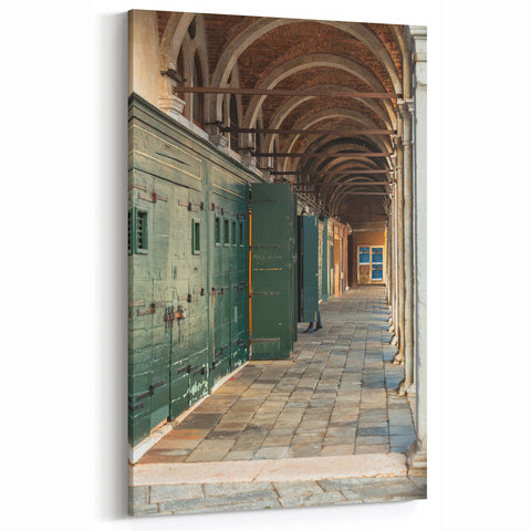Masonry Wall Art - Arched Corridor with Green Doors Canvas Print