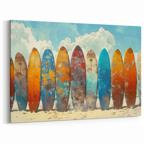 Hawaiian Island Art – Vibrant Surfboards on Beach Canvas & Framed Print