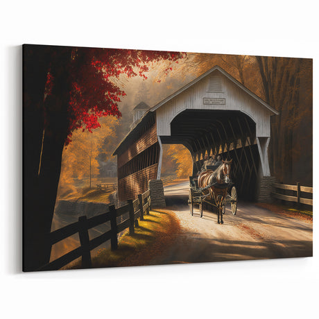 Vintage Covered Bridge Wall Art – Horse Carriage Scene Canvas Prints