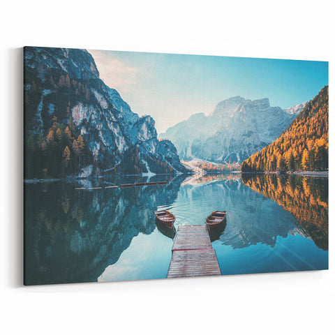 Dolomites Wall Art - Italy Nature Artwork with Lake and Boat Reflections