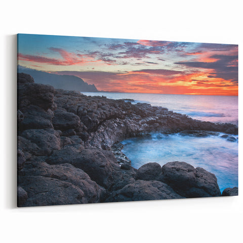 Kauai Scenic Art – Vibrant Sunset Over Rocky Shoreline Canvas Print