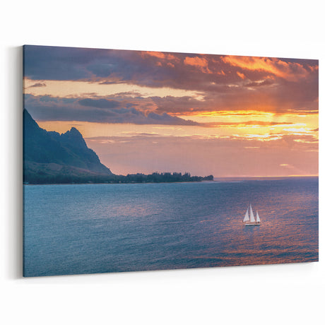 Na Pali Coast Art – Tranquil Sunset Sailboat Canvas & Framed Print