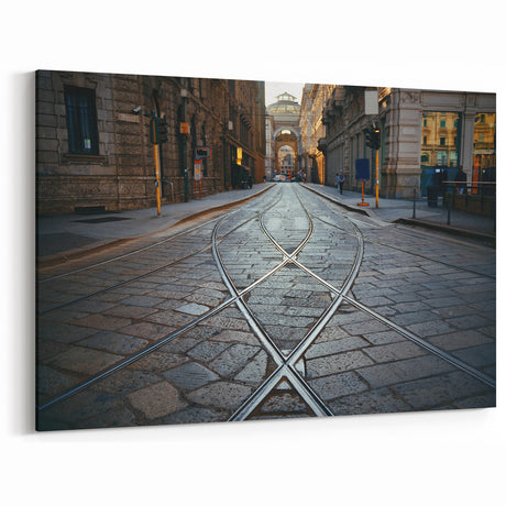 Milan Cityscape Canvas - Historic Tram Tracks and Cobblestone Street