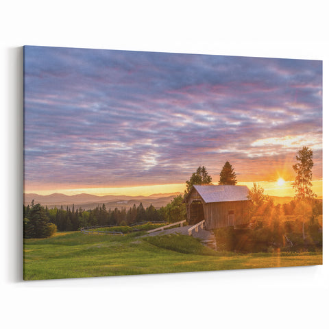 Vermont Landscape Prints - Sunset Over Covered Bridge Vermont Scenic Art