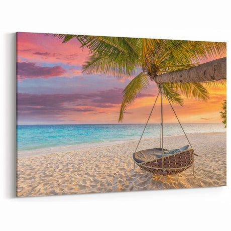 Oahu Sunset Art – Tropical Beach Swing at Sunset Print for Island Decor