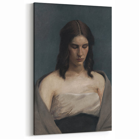 Portrait of Woman with Downcast Eyes – Dark Academia Wall Art, Moody Decor