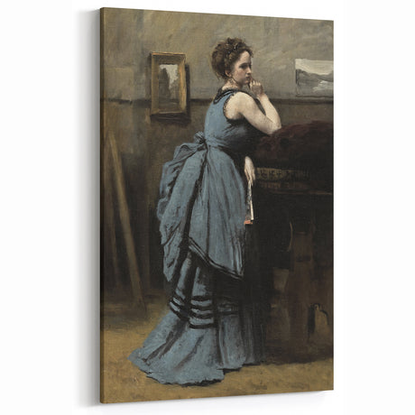 Woman in Blue Victorian Dress – Dark Academia Wall Art, Thoughtful Elegance