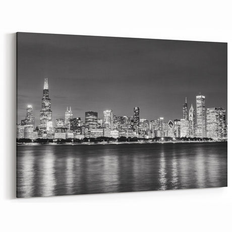 Chicago Photography Prints - Black and White Nighttime Skyline View